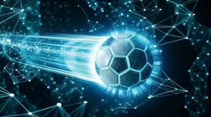 Digital soccer ball background  flying through abstract blue network technology background - Powered by Adobe