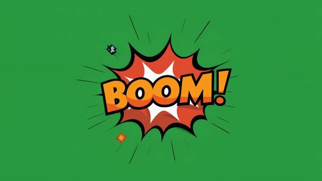 Minimalist vector style explosion animation with playful boom text on green background cartoon motion design