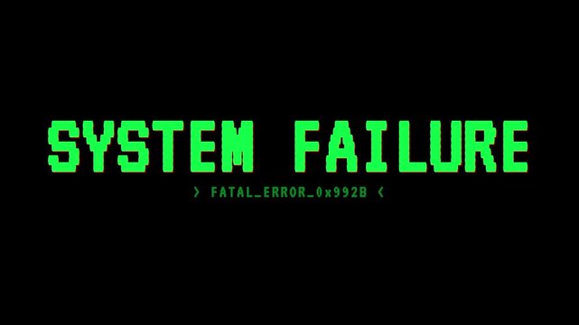 Retro computer terminal style terminal with green text displaying critical error and system failure warning.