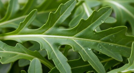 Fototapeta premium Fresh Arugula Leaves with Water Droplets Close Up.