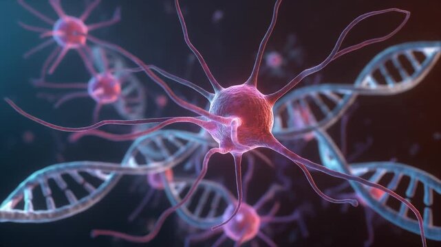 Nerve cell visualization with dna inspired biological background detailed scientific medical animation research concept visual