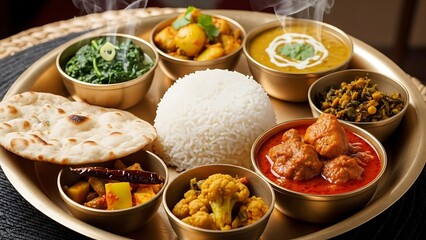 Authentic Indian Thali Meal with Assorted Curries and Rice.
