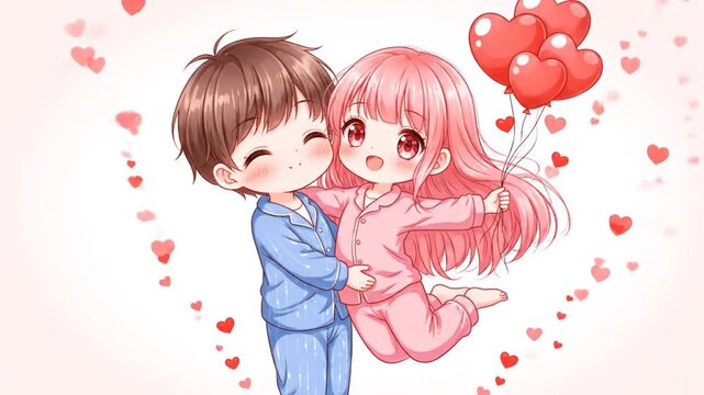 Adorable Chibi Couple Celebrates Valentine Day in Pajamas, Embracing with Red Heart Balloons and Floating Hearts - Sweet Love Illustration for Romance