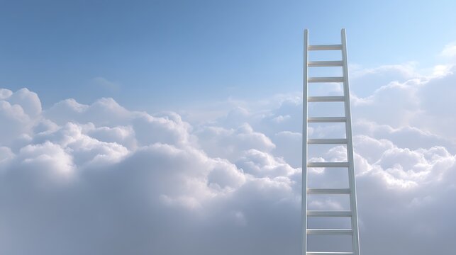 White Wooden Ladder Extending Upward Into a Soft, Cloudy Blue Sky Background