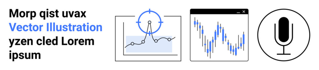 Fototapeta premium Data analysis, media, technology, reporting, research, communication. Stylized graphs, chart screens magnifying elements and microphone icon. Data analysis and technology concept