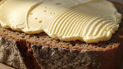 Close up of rich butter melting on a slice of dark rye bread.