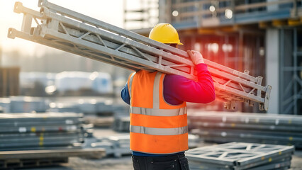 Construction worker in safety gear carrying heavy metal truss on shoulder at a building site with warm lighting.