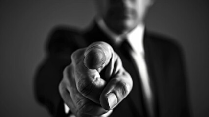 A man dressed in formal attire pointing his finger towards the viewer with an intense look on his face.