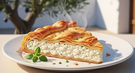 Delicious Greek Spanakopita Cheese Pie Slice with Fresh Herbs.