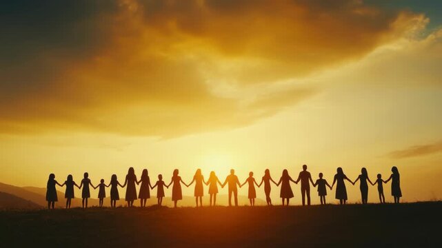 This depicts a heartwarming scene of unity and friendship. A group of friends is silhouetted against the setting sun as they stand hand in hand on what appears to be a mountain ridge