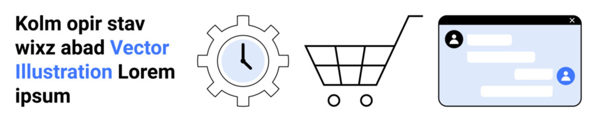Obraz premium Business, e-commerce, productivity, time management, communication, automation. Minimalistic design with a gear, clock shopping cart and chat window interface. Business and e-commerce concepts