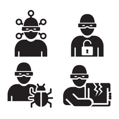 Cyber Security Threat Icons Set – Hacker, Malware, Data Breach Flat Vector Illustration