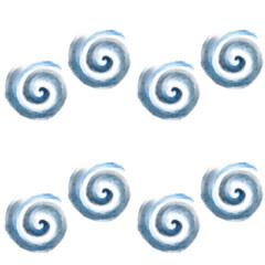Spiral swirl in blue tones horizontal watercolor seamless pattern isolated on white. Abstract hand-painted winter element, light texture, perfect for branding, backgrounds, seasonal design. Wind, air