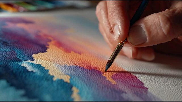 Close up of Artist Hand Painting a Watercolor Landscape with Brush on Paper , artistic endeavor