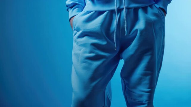 The features a pair of stylish blue athleisure pants with drawstrings on the legs, set against a simple, light background that highlights their design.
