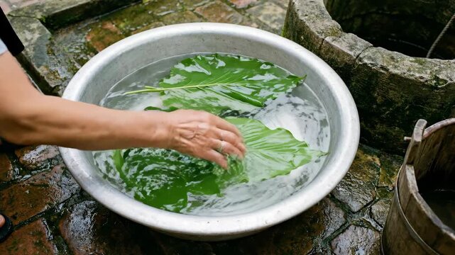 Close up of elderly hands meticulously washing green Phrynium leaves by an ancient well to prepare for wrapping Banh Chung for Vietnamese Tet