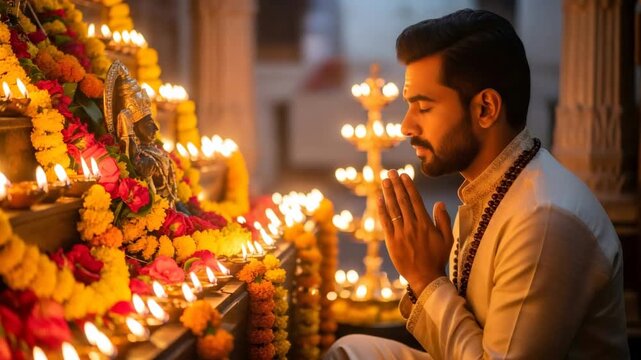 Indian man praying with folded hands surrounded by lit diya lamps and fresh marigold flower garland decorations for a religious holiday