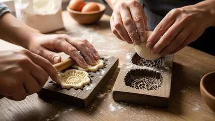 Intricate mooncakes being prepared by skilled hands with vintage molds