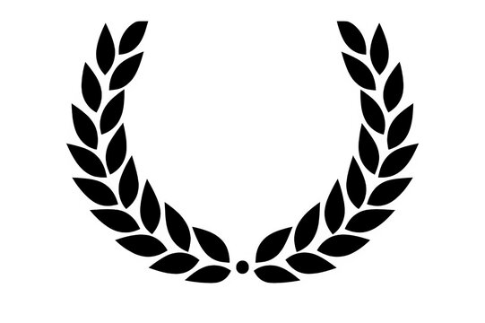 Minimalist laurel wreath outline with fine line detail, symbolizing victory, achievement, and honor, isolated on a solid black background.