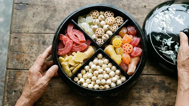 Elderly hands opening a traditional lacquered Tet snack box filled with colorful candied lotus seeds, ginger, and coconut for New Year