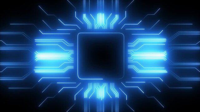 Glowing neon electronic circuit board. Neon line Circuit Board moving electrons Data Flow Loop Background Animation. Artificial Intelligence.