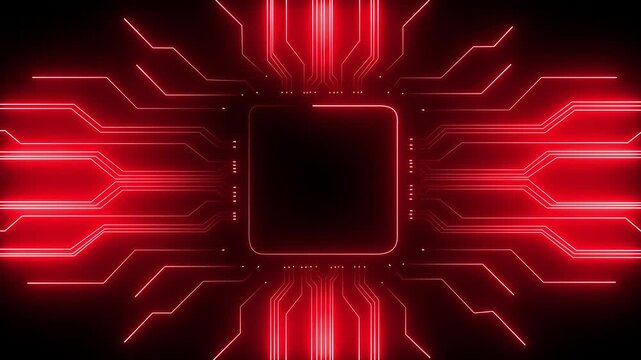 Glowing neon electronic circuit board. Neon line Circuit Board moving electrons Data Flow Loop Background Animation. Artificial Intelligence.