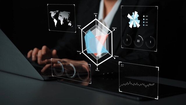 Business professional analyzing data trends and global statistics with futuristic graphics displayed on digital interface for strategic decision making Gluon. - Powered by Adobe