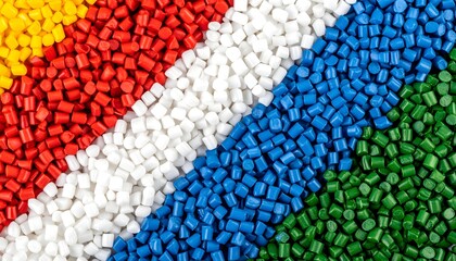 Top-down photoreal macro of plastic polymer pellets / masterbatch granules arranged in bold diagonal color bands