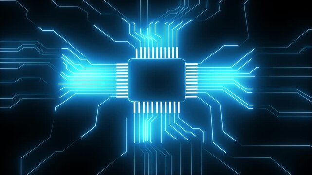 Glowing neon electronic circuit board. Neon line Circuit Board moving electrons Data Flow Loop Background Animation. Artificial Intelligence.