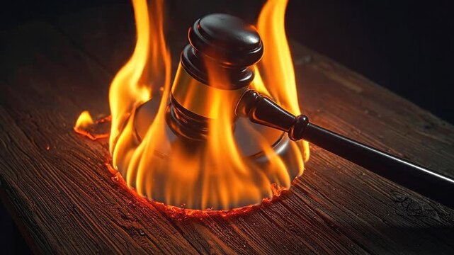 The powerful concept of justice consumed by an inferno, a striking visual metaphor for legal system failures, corruption, and the urgent need for societal truth and transparency