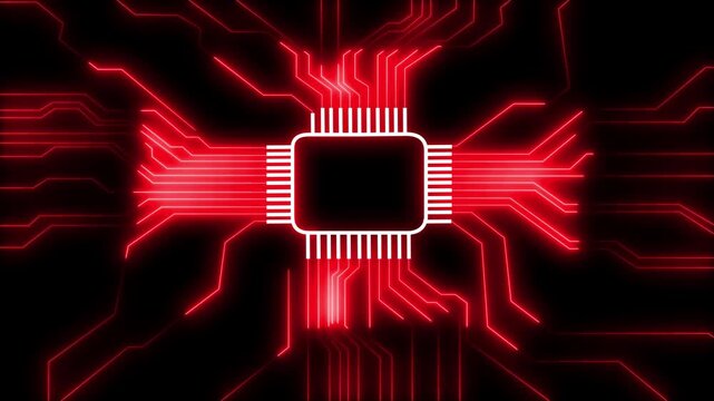 Glowing neon electronic circuit board. Neon line Circuit Board moving electrons Data Flow Loop Background Animation. Artificial Intelligence.