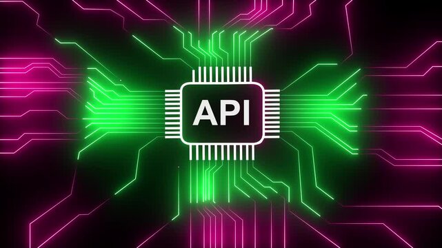 Glowing neon technology circuit board with API text icon on black background and screen with green color. Neon line Circuit Board moving electrons Data Flow Loop Background Animation.