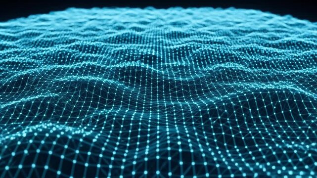 Abstract Blue Digital Grid Surface With Glowing Dots Creating A Wavy Landscape Under Dark Lighting Conditions