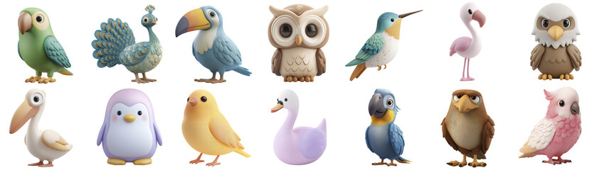 Adorable Collection of 3d Pastel Bird Characters on Transparent Background