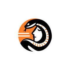 Stylized woman face with snake logo in bold vector illustration, isolated on white background