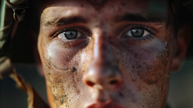 Warrior with serious expression and mud on face looking directly at camera.