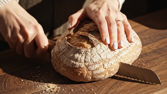 Person slicing artisan bread on wooden board
