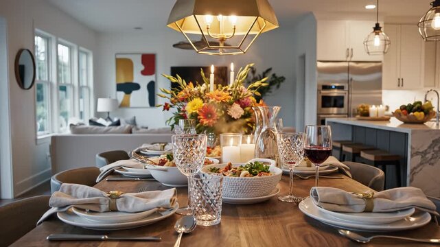 Dining table set with food and drinks