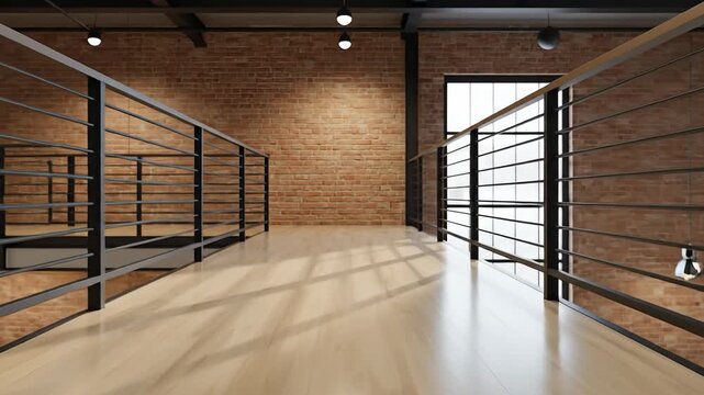 Modern loft hallway with brick walls and wooden floor.