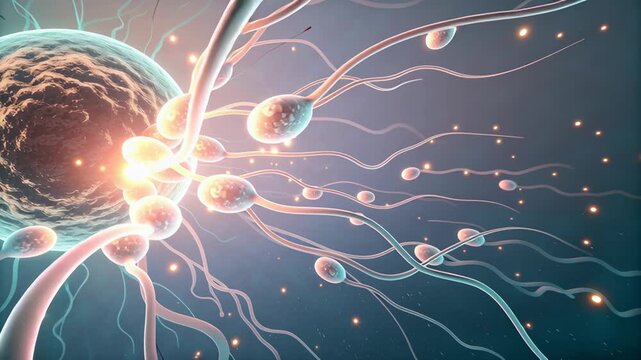 Fertilization Process Concept ,Sperm Egg Fertilization Reproduction Microscopic Biology Science Medical Closeup Human Anatomy Health Dynamic Movement