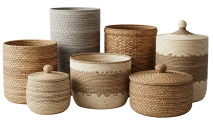 Front view of a set of woven storage baskets in different sizes used for home organization isolated on white background