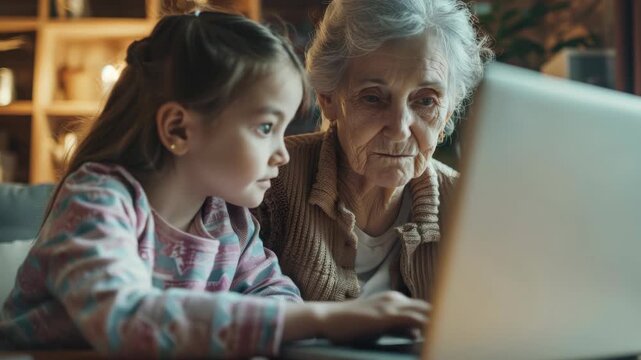 Heartwarming scene of a young girl and an elderly woman sharing the joy of learning from each other while using a laptop computer.
