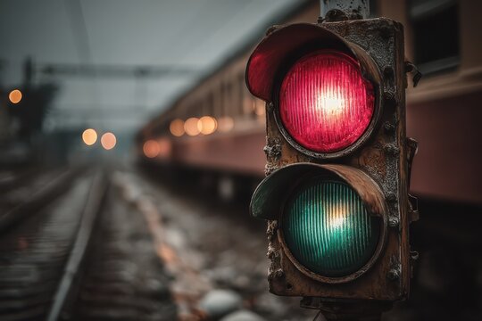 Weathered railway signal showing red and green lights with blurred train on tracks at night