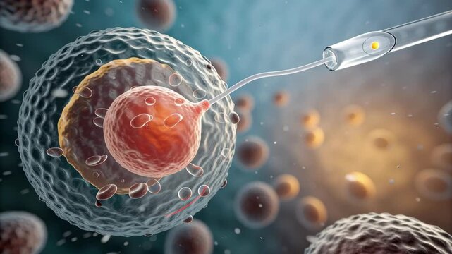 Fertilization Process Concept ,In vitro fertilization sperm injection human egg cell medical technology reproductive science laboratory microscopic