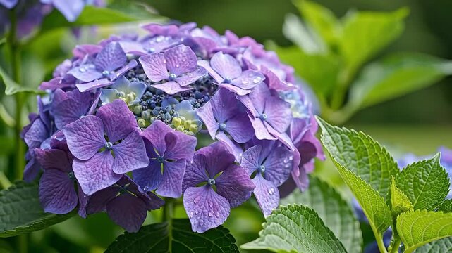 Close up of a beautiful purple hydrangea flower in full bloom surrounded by green leaves.