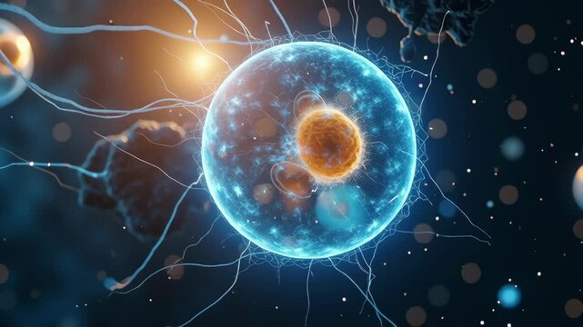 Blue Cell Nucleus Cytoplasm Glowing Microscopic Biology Science Medical Abstract Energy Futuristic Vibrant Research Organism Molecular Life Health