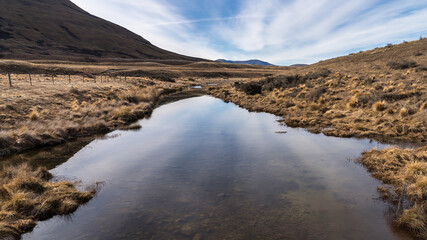 Views of alpine tussock land an alpine stream and  mountains on  shore of Lake Clearwater from the circuit track around the lake