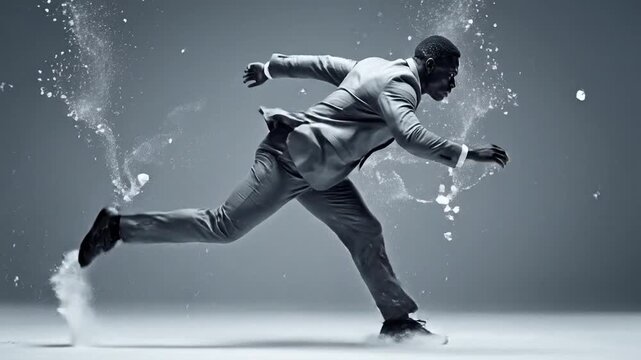 Dynamic portrayal of a focused professional in a powerful sprint, surrounded by energetic particles, symbolizing relentless determination, rapid progress, and the pursuit of success and ambition