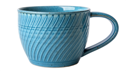 Beautifully crafted ceramic coffee mug featuring a textured spiral pattern and vibrant blue glaze for product display on transparent background