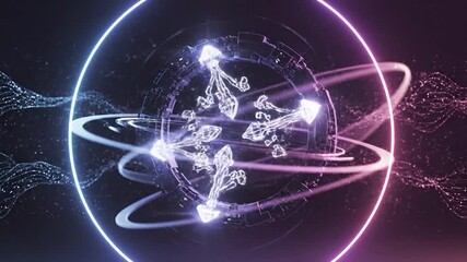 Abstract metallic ring with glowing orbits and swirling cosmic particles - Powered by Adobe